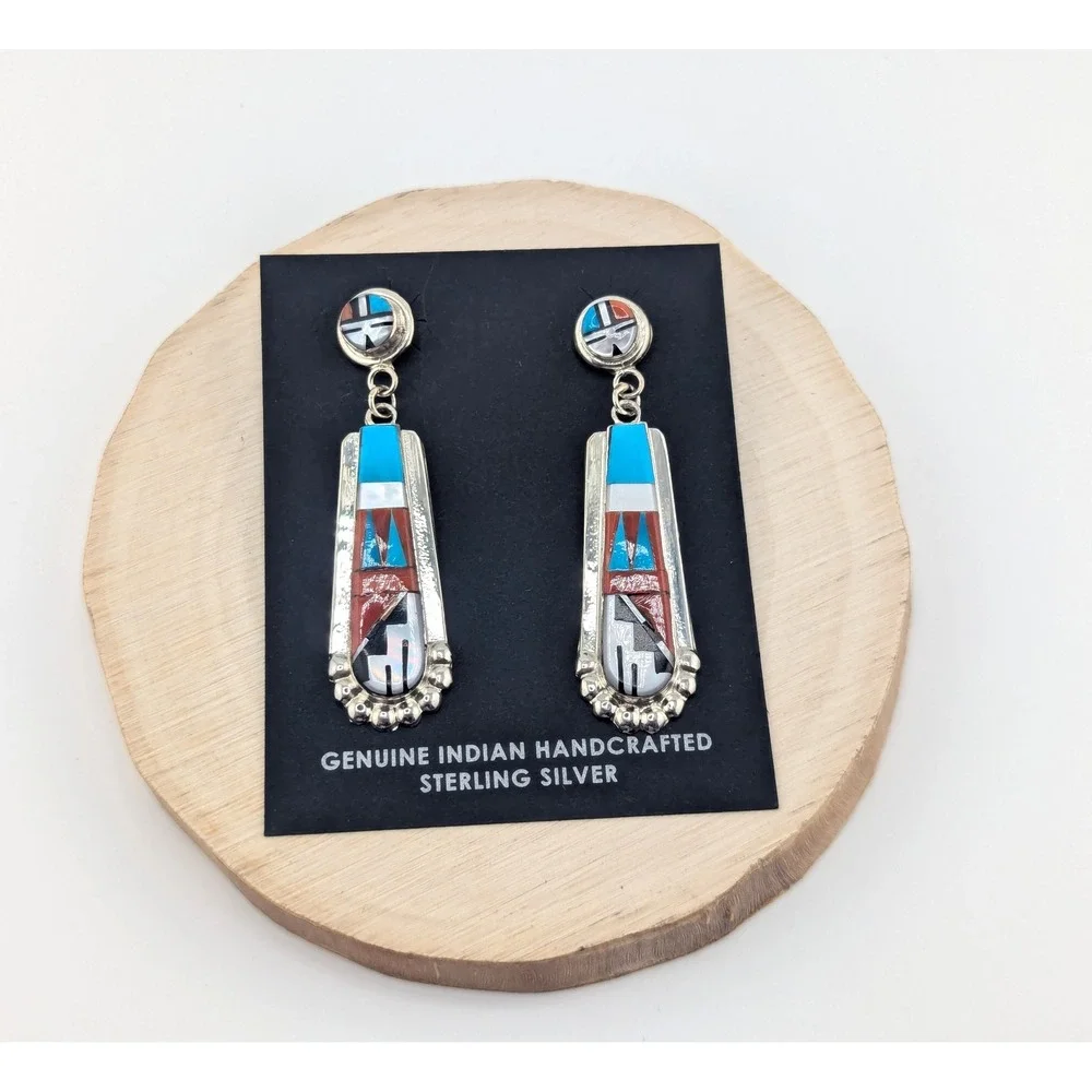 Zuni Multi Stone Inlay Turquoise Drop Earrings Native American Sterling Jewelry*